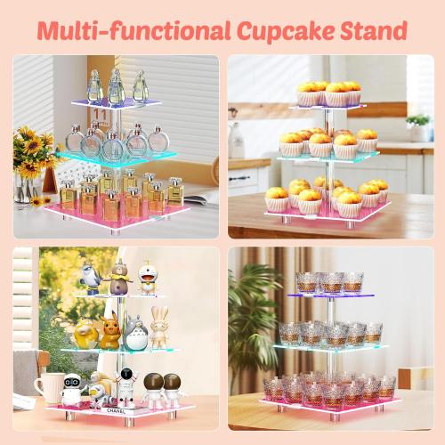 Size 3 tier LED Acrylic Cupcake Stand, 3 Tier Cupcake Stand with Rechargeable Light, Clear Cupcake Tower Stand 24 Cupcakes, 7 Color Cupcake Display Stands for Weddings, Birthdays,Party,Graduation