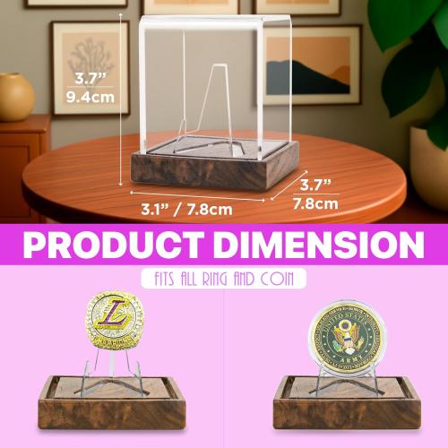 Championship Ring Display Case, UV-Protected Clear Challenge Coin Holder with Walnut Wood Base for Baseball, Softball, Super Bowl, Football Ring, Military Collectibles, Display Box for Memorabilia