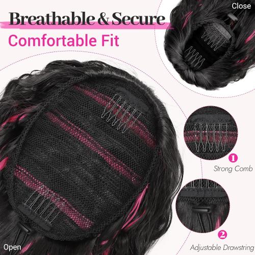 Black Hot Pink Curly Synthetic Drawstring Ponytail Extension | Lightweight 160g Natural Looking Heat Resistant Wavy Hairpieces for Women Daily Use Party 30 Inch Black Hot Pink Highlights