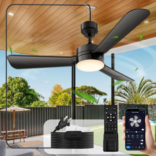 Ceiling Fans with Lights,36 LED Fan Light Hanging with Hook,Hook Type Ceiling Fan,Plug in Ceiling Fan Light,40W,3000-6500k,Remote Control,Portable Fan for Camping Bed,Patios,(Black)