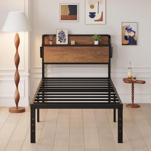 Maenizi 16 Inch Twin XL Bed Frames with Wood Headboard, Storage Bed Frame Twin XL No Box Spring Needed, Noise Free, Mahogany