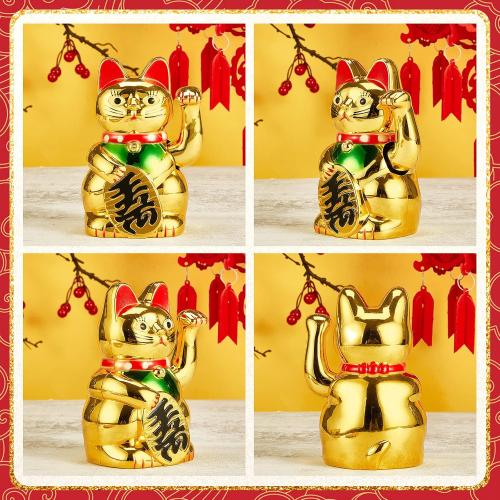 Chunful 5 Inch Lucky Cat Waving Arm Maneki Neko Gold Lucky Fortune Cat with Waving Hand Paw up for Feng Shui Welcoming Fortune Luck Wealth Prosperity Decoration, Battery Cover Not Included
