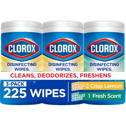 Clorox Disinfecting Wipes for Allergy Season, Bleach-Free, Multi-Surface Cleaner, Antibacterial, Fresh Scent & Crisp Lemon, 75 Count Each, Pack of 3