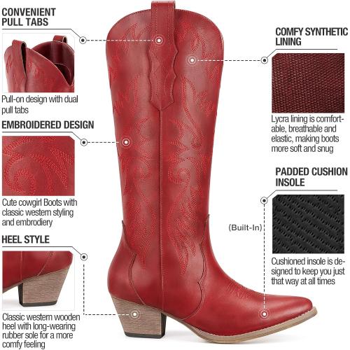 Rollda Cowboy Boots for Women Size 8 Red Cowgirl Boots Embroidered Knee-High Western Boots Pointy Toe with Chunky Heel