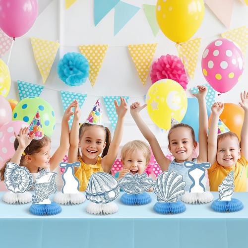 12 Pcs Blue Bow & Seashell Birthday Party Table Decor, Blue Bow Honeycomb Centerpieces, Summer Coastal Beach Party Decor, Starfish Seashell Table Topper for Birthday Bachelorette Bridal Wedding