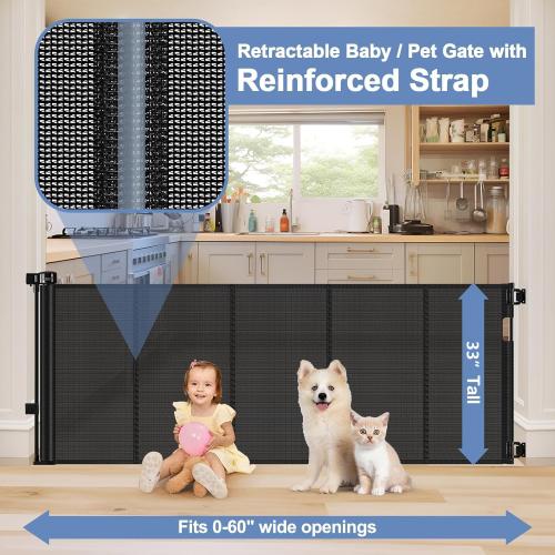 BLACK Reinforced Retractable Baby Gates with Support Beam 60 Wide Retractable Dog Gate Indoor Prevent Children and Dogs from Crawling Under Outdoor Dog Gate for Deck Mesh Gates for Kids or Pets, Black