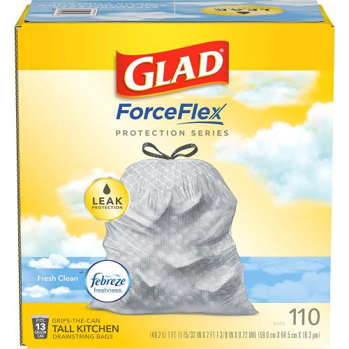Glad ForceFlex Tall Kitchen Drawstring Trash Bags, 13 Gal, Fresh Clean, 110 Ct, Pack May Vary