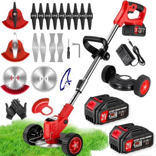 Electric Weed Wacker Cordless Weed Wacker Eater Battery Powered with 2 X 21V Batteries & Wheel & 15 Blades, 3-in-1 Stringless Grass Trimmer/Edger Lawn Tool/Brush Cutter for Garden Yard