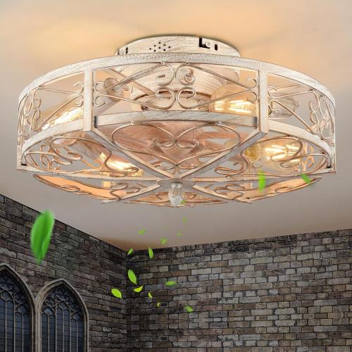 Size 20 Caged Ceiling Fan with Light,Vintage Rustic Farmhouse Kitchen Decor,Bladeless Ceiling Fans with Lights and Remote,Low Profile Fan for Bedroom,Reversible 6 Speeds Motor,4 E26 Bulbs Included