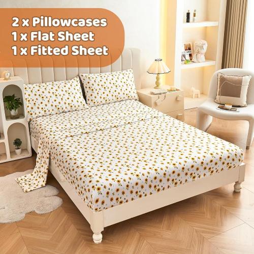 Softan Floral Sheet Set Queen, Sunflower Printed Bed Sheets Queen, Cozy Double Brushed Microfiber Fitted Sheet with 15 Deep Pocket and Corner Straps, Cute Yellow Flower Sheet & Pillowcase Sets