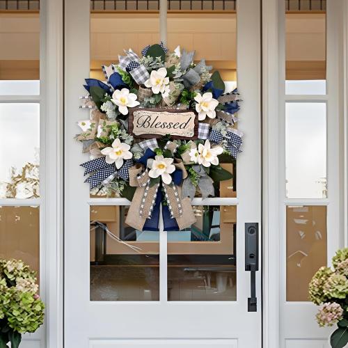 Waipfaru 22 Inch Spring Summer Wreath, Magnolia Wreaths for Front Door with Eucalyptus & Blue Grey Burlap Bow, Year Round Wreaths for Porch Farmhouse Patio Door Decor All Season (1 Pcs)