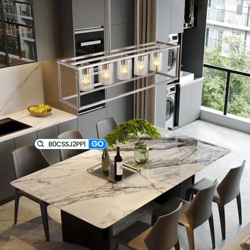 Farmhouse Chandeliers for Kitchen Island, Modern 5-Light Rectangle Chandelier, Brushed Nickel Linear Pendant Lighting Fixture with Clear Glass Shade, L35.4 Inch