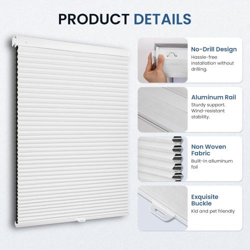 Grandekor No Tools No Drill Cordless Cellular Shades,39 W x 64 H,Blackout Honeycomb Blinds for Indoor Windows,UV Protection Privacy No Drill Blinds for Home,Door,White