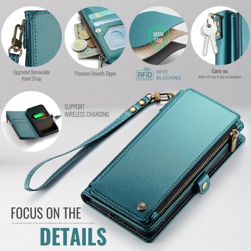 Defencase Compatible with Samsung Galaxy S24 Case Wallet with RFID Blocking Card Holder for Women Men, PU Leather Magnetic Snap Flip Zipper Strap Wallet Phone Case Fit for Galaxy S24 5G 6.2, Green