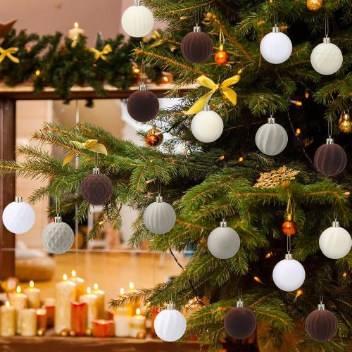 32 Pcs Velvet Christmas Ball Bulk 2.36'' Flocked Tree Decor, Brown Series | Plastic Hanging Ornament, Lightweight Durable, Xmas Bulb Decor, Holiday Party Supplies, Indoor Christmas Tree Decoration Use