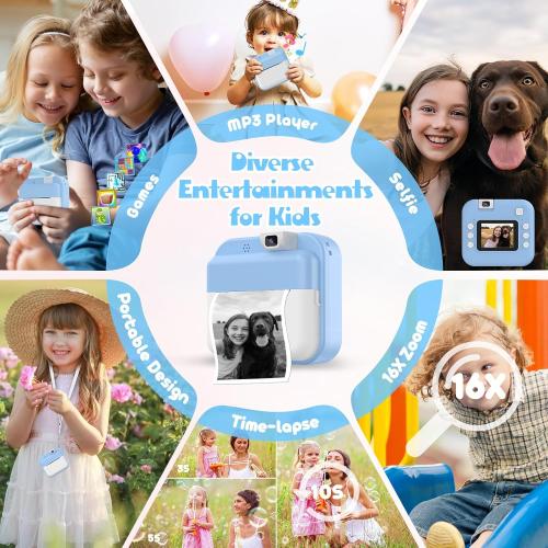 Kids Camera Instant Print - Digital Camera with Flip Lens, Birthday Gift for Boys Girls, Instant Print Photos for Toddlers HD Selfie 1080P Video, Portable Travel Toys for 4 5 6 7 8 9 10 Years Blue