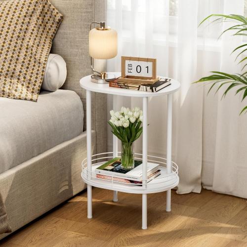 Small Modern Oval Side Table with Storage,2-Tier Side Tables Living Room,Sturdy Nightstand for Small Space - Living Room, Bedroom, Bathroom, Nursery (1PC,White)