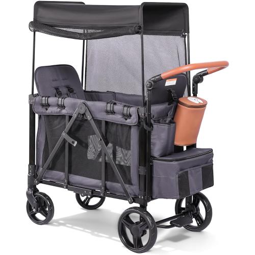 Wagon Stroller for 2 Kids with Insulated Snack Pack Foldable All-Terrain Wagon Stroller, 5-Point Harness & Canopy Parent Organizer Adjustable Handle (Grey)