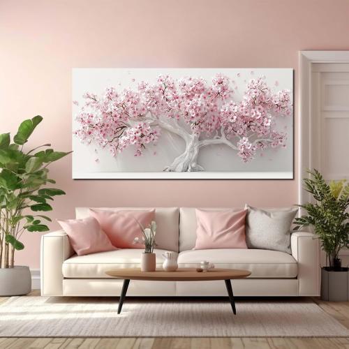 AOZEMI White Wall Art for Living Room Bedroom Home Office Pink Wall Decor Large Tree Pictures Art Flower Artwork Modern Floral Canvas 29x 59