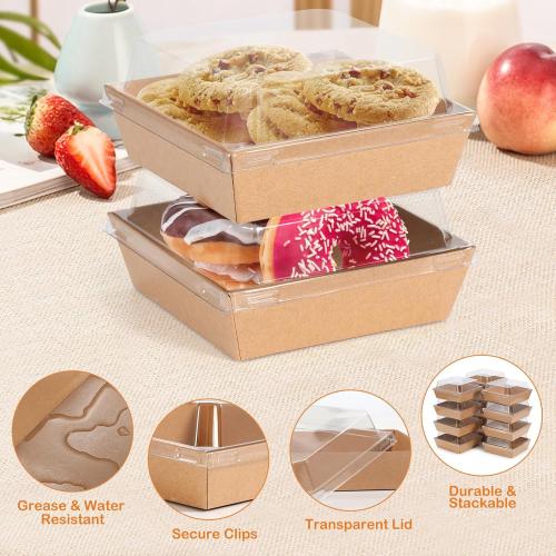 Mini Charcuterie Boxes with Clear Lids 50 Pack, 4.5x4.5 Inches Paper Bakery Boxes Square Disposable Dessert Boxes to Go Food Containers for Daughter, Wedding, Party, Strawberries, Cake & Cookies