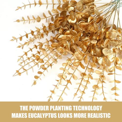 FOIMAS Gold Artificial Eucalyptus Stems,36pcs Faux Eucalyptus Branches Leaves Decor for Floral Arrangement Wedding Bouquet Home Decoration