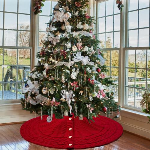 Red Christmas Tree Skirt 24 Inch, Knitted Tree Skirt for 4Ft Pencil Tree, Vintage Thick Small Tree Skirt for Christmas Trees Decoration, Xmas Home Indoor Farmhouse Decorations
