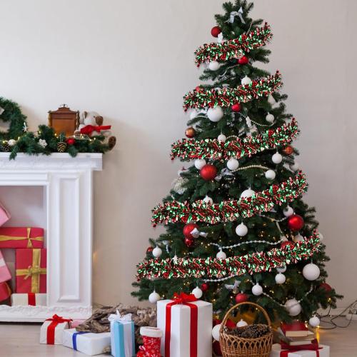 50 Feet Christmas Tinsel Garland for Christmas Tree Decorations, Red Green Metallic Twist Shiny Hanging Xmas Garlands for Stairs Mantle Fireplace Home Indoor Outdoor Holiday Party Suppliers Decor