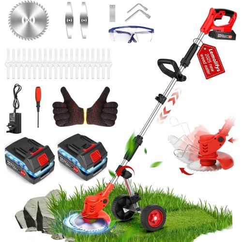 Used Electric Weed Wacker Cordless On Wheel, Lightweight Weed Eater Battery Powered 4000mAh 21V, 4 in 1 Lawn Edger Weed Trimmer Brush Cutter Mower, No String Grass Trimmer Wheel Yard Garden Tool