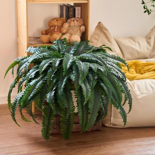 2 Pcs 50 Artificial Ferns for Outdoors with 96 Fronds & Ground Spike | Large Fake Ferns Artificial Boston Ferns Artificial Plants Large Faux Plants for Porch Garden Home Office Decor
