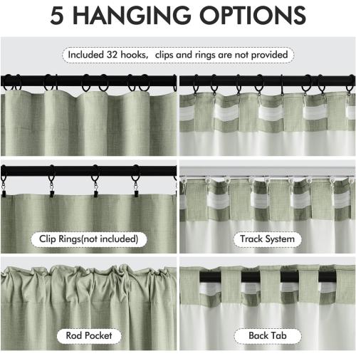 MIULEE 100% Blackout Back Tab Pleat Linen Curtains 50 Wx90 L,Sage Green