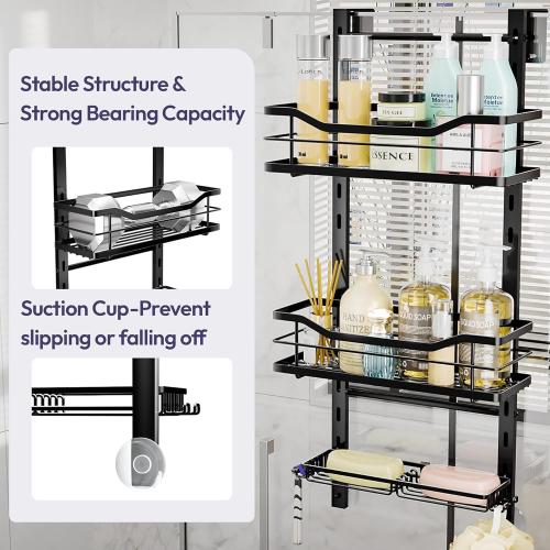 SWTYMIKI Over the Door Shower Caddy - 3 Tier Adjustable Shower Organizer Hanging with Soap Holder, No Drilling Stainless Steel Bathroom Rack Hanging for Body Wash, Shampoo, Soap, Razor, Black