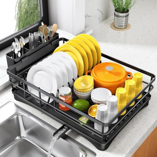 SNTD Dish Drying Rack for Kitchen Counter - Large Dish Rack with Drainboard, Rustproof Dish Drainer with Utensil Holder for Sink, Black