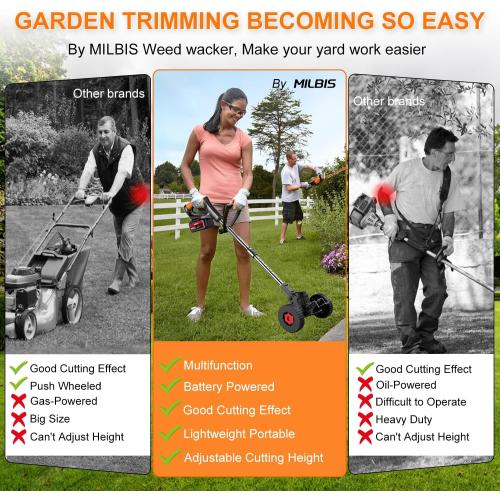 Cordless Weed Wacker with Wheels, 880W Electric Weed Eater Battery Powered with 2 x 21V Batteries, 3-in-1 Grass Trimmer/Brush Cutter with 5 Types Blades for Lawn, Yard & Garden