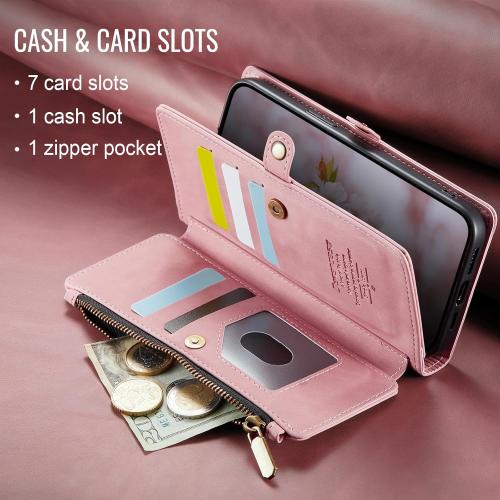 Defencase Compatible with iPhone 15 Case Wallet with RFID Blocking Card Holder for Women and Men, Fashion PU Leather Magnetic Snap Flip Zipper Strap Wallet Phone Case Fit for iPhone 15 6.1, Rose Pink