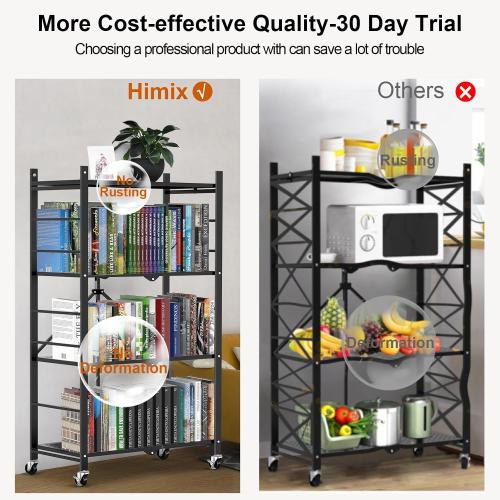 Size 4 tier Color Black  Storage Shelves with 20 Hooks, 4-Tier Foldable Shelves for Storage, Folding Shelf Unit Pantry Shelves with Wheels, Metal Shelving Storage Rack Shelf for Kitchen Garage Home, Black - No Assembly