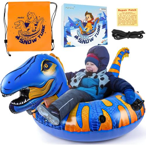 Aoskie Dinosaur Inflatable Snow Sled With Handles, Heavy Duty Snow Tube For Kids & Adults, Double-Layered Bottom
