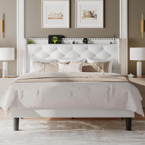 White Feonase Bed Frame with Velvet Luxury Wingback Upholstered Button Tufted Storage Headboard, Full Platform Bed with Charging Station, Sturdy Wooden Slats Support, Easy Assembly, White