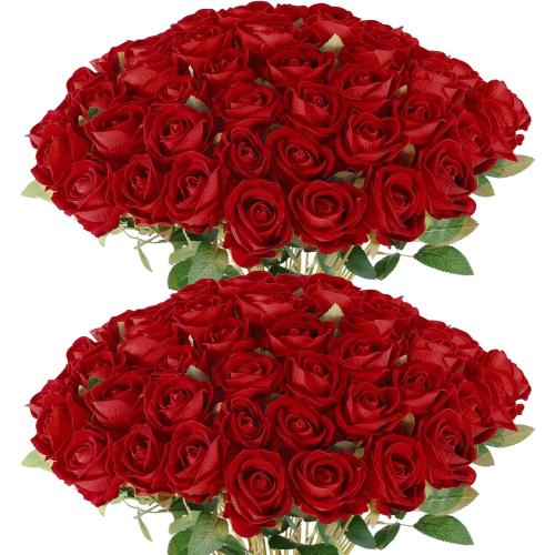 60 Pcs Artificial Roses Bulk Velvet Silk Roses Red Rose Flowers for Wedding Centerpieces Bridal Bouquet Mohter's Day Valentine's Day Christmas Home Decor (60, Red)