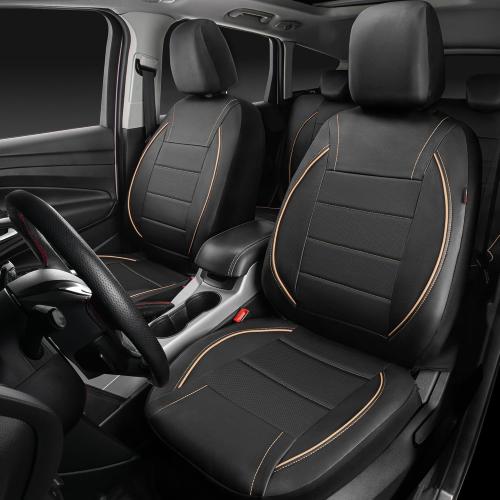 CAR PASS Universal FIT Piping Leather Car Seat Cover, for suvs,Van,Trucks,Airbag Compatible,Inside Zipper Design and Reserved Opening Holes (Full Set, Black and Beige)