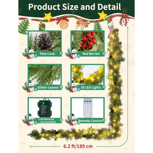 NUPTIO Artificial Christmas Garland with Lights: 2Pcs 6.2Ft Pre-Lit Gold Glitter Garland with Pine Cones Red Berry Eucalyptus - Xmas Decorations for Mantle Fireplace Railing Stairs Table Door