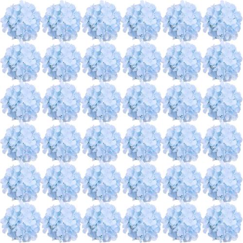 FagusHome Silk Hydrangea Heads 36 Pcs Artificial Flowers Heads and 3 Dozens Stems Fake Hydrangea Flowers with Stems for Home Wedding Decor (Light Blue)