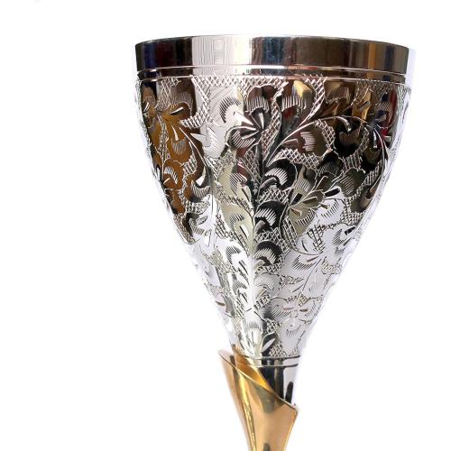 Silver StonKraft eSplanade Engraved Brass Goblet Champagne Glasses Flutes Coupes Wine Glass Set (Thick) - Silver Polished