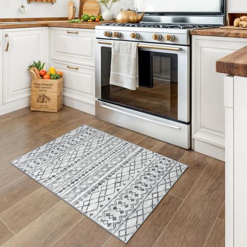 Moroccan Rugs for Entryway, 2x3 Grey Washable Small Area Rug, Non-Slip Ultra Soft Vintage Geometric Low-Pile Indoor Door Mat Floor Carpet for Indoor, Entrance, Kitchen