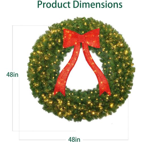 VINCONLIDY 48in Prelit Christmas Wreath - Large Outdoor Christmas Wreath with Lighted Red Christmas Bow, Metal Hook, 714 Branch Tips & 250 Multicolor LED Lights for Front Door Window Holidy Decor