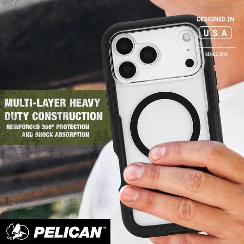 Pelican Voyager iPhone 17 Pro Max Case [Compatible with MagSafe] Rugged Phone Case, 24ft Military-Grade Drop Protection - Heavy Duty Cover w/Belt Clip Holster for iPhone 17 Pro Max - Black/Clear
