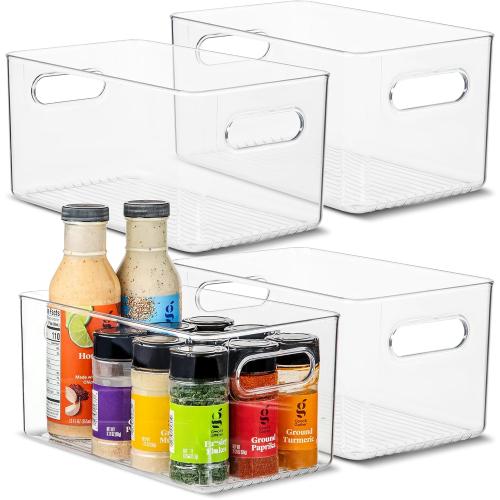 Plastic Food Storage 4 Pack Clear Container Bin with Handles for Organizing Kitchen, Pantry, Fridge, Freezer, Pantry,Bathroom.