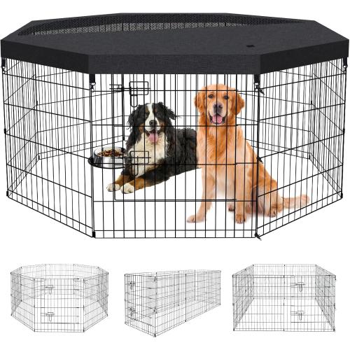 Dog Pen Pet Playpen Dog Fence Indoor Foldable Metal Wire Exercise Puppy Play Yard Pet Enclosure Indoor Outdoor 8 Panels 30 Inch with Bottom Pad/Top Cover(Black 30 top Cover)