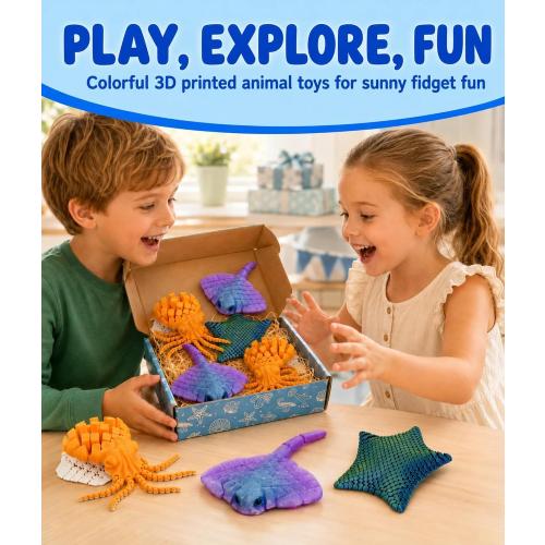GemmiCho 3 Pack 3D Printed Animal Fidget Toys, Cute Articulated Sea Animals Set with Flexible 3D Printed Starfish, Manta Ray, Octopus, Cool 3D Printed Stuff for Gifts Home Decor Desk Pets