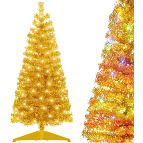 Pre-Lit Artificial Christmas Tree, Warm White Lights, Colorful Lights, Includes Stand, 4 feet (Gold)
