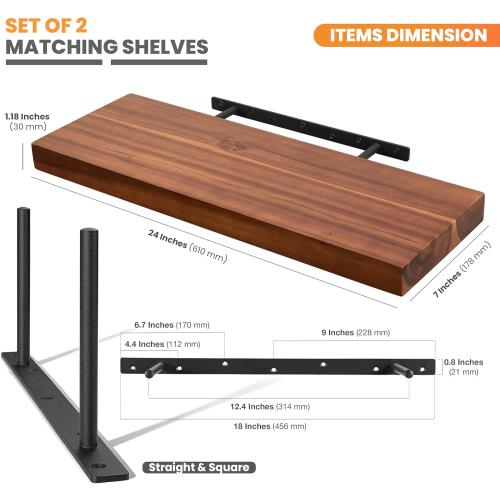 BATODA Set of 2 24 Acacia Wood Floating Shelves Wall Mounted – Rustic Farmhouse Wooden Wall Storage Shelf for Bedroom, Kitchen, Home Décor - Brackets and Shelving Hardware Included